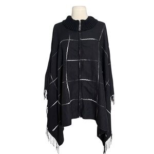 NEW DKNY Womens Window Pane Fringe Poncho Sweater Black Super Soft & Cozy!